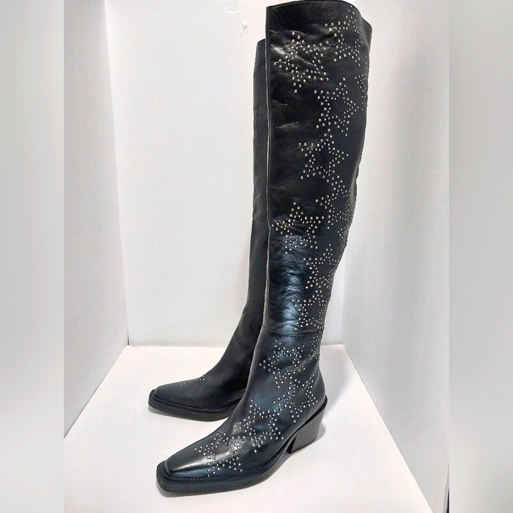 Nasty Gal Real Leather Star Studded Over The Knee Western Boots, NEW, Size 36 - Picture 2 of 14